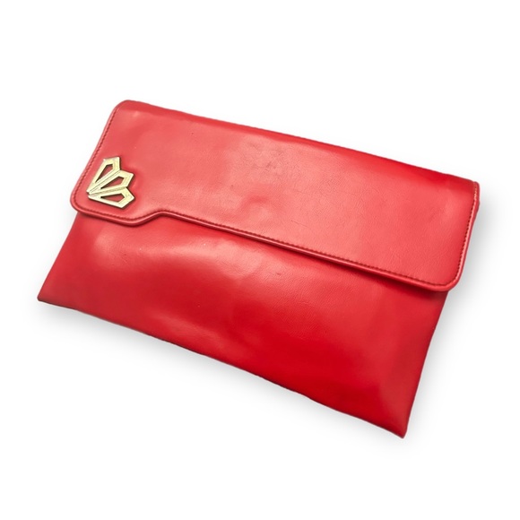 Vintage Handbags - VTG 70s 80s Red Leather Convertible Clutch Shoulder Bag • Mirror • Deco Revival